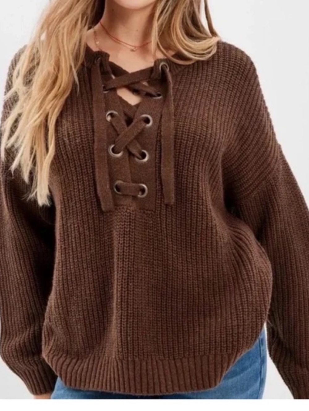 American Eagle NWT Chunky Knit Brown laced-Vneck Grommets Cotton Mix Sweater